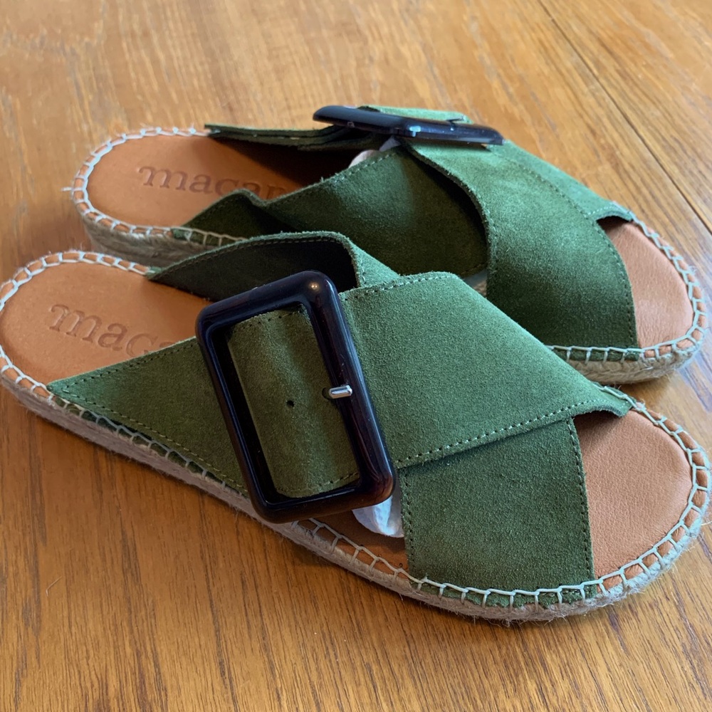 Macarena moss green suede with large buckle espadrille sandals. NWOT